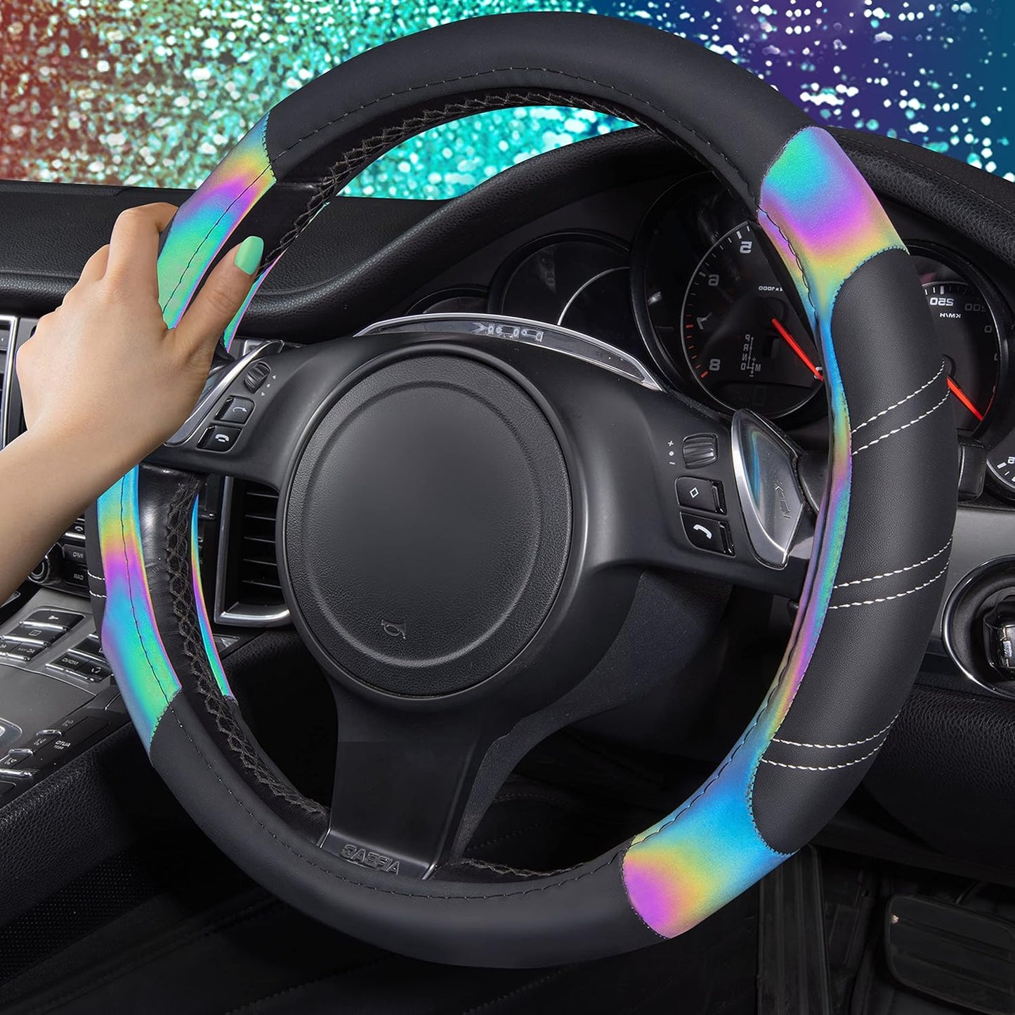 CAR PASS Line Rider Microfiber 15.5-16 Inch Leather Sporty Steering Wheel Cover Universal Fits for 95% Truck,SUV,Pickup, Anti-Slip Safety Comfortable Desgin (Black Reflective)