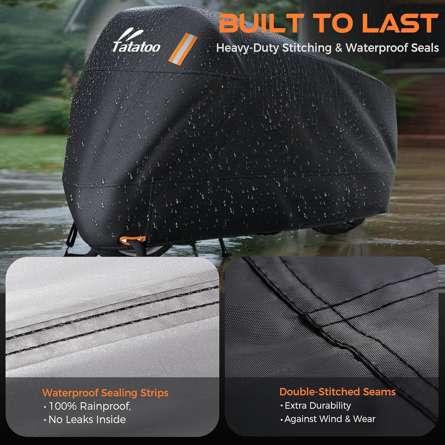Motorcycle Cover Waterproof Outdoor, 300D Heavy Duty, UV & Rain Resistant, 3 Wind-Resistant Buckles, Dual Lock Holes, Includes Storage Bag, Fits Most Motorcycles/Scooters up to 86.6",Silver