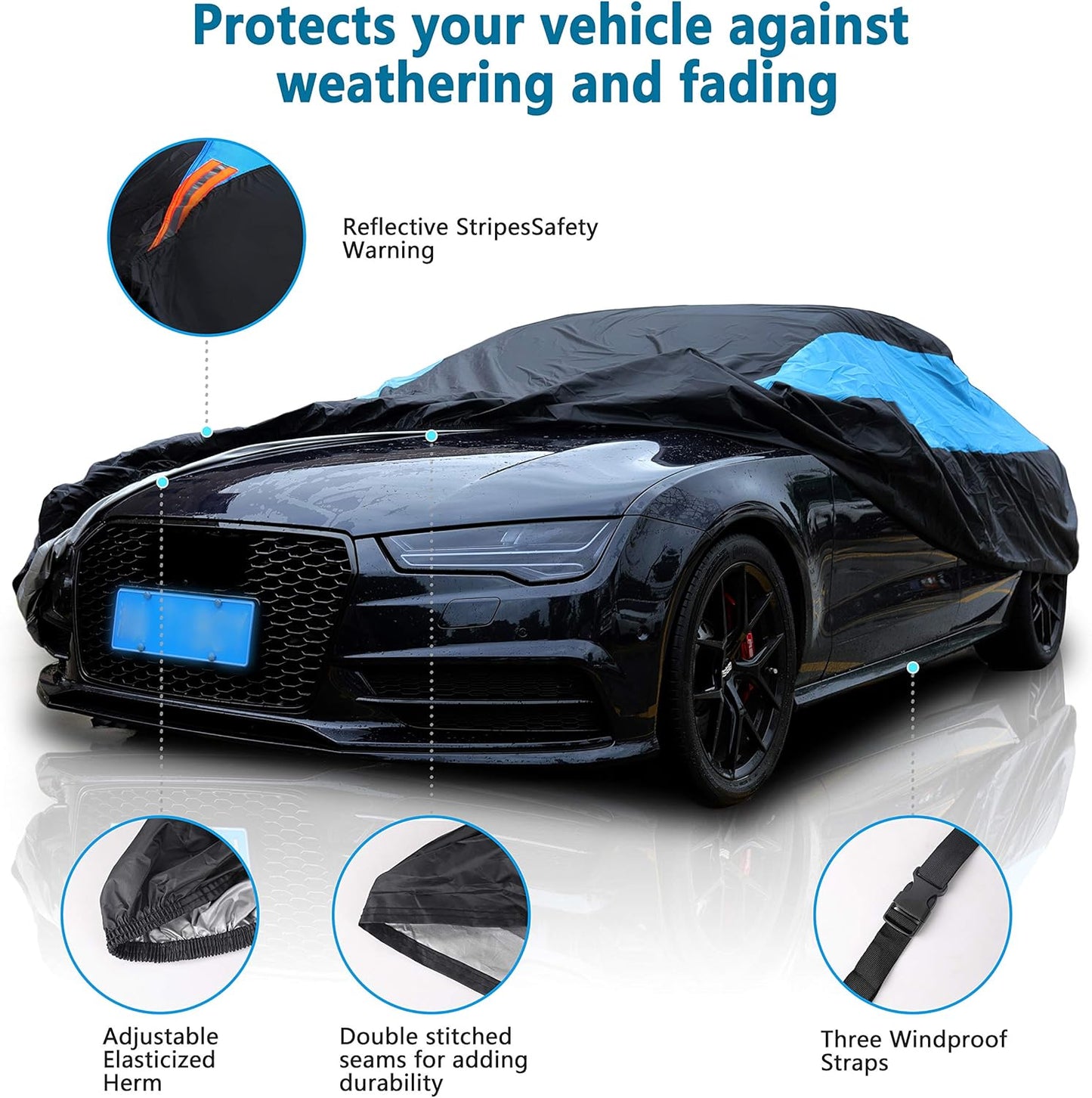 MORNYRAY Waterproof Car Cover All Weather Snowproof UV Protection Windproof Outdoor Full car Cover, Universal Fit for Sedan (Blue, A3-Fit Sedan Length(178-185 inch)