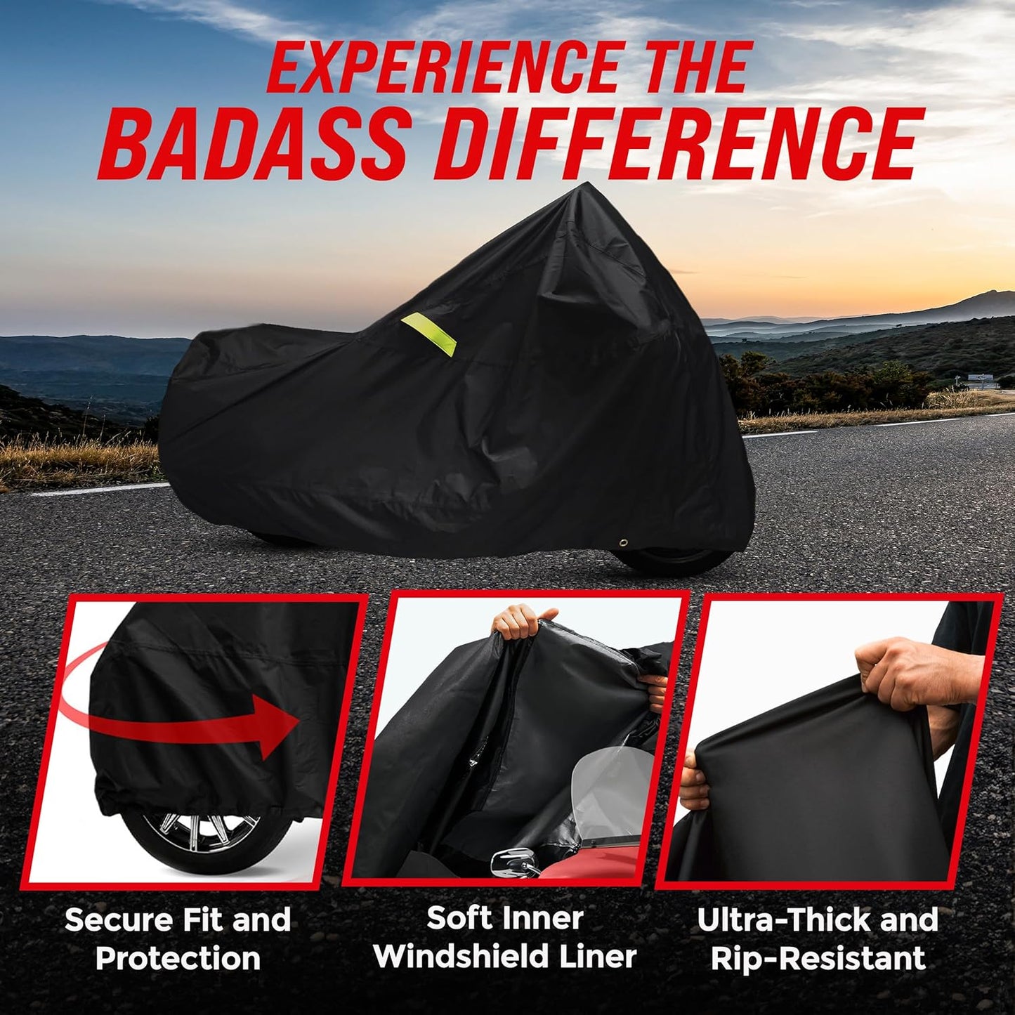 Badass Moto Ultimate Motorcycle Cover Waterproof Outdoor Heavy Duty Durable All Season Storage Harsh Weather Sun Rain Cover fits Harley Davidson Street Glide, Vulcan, Shadow, Cruiser Bikes. Large 97L